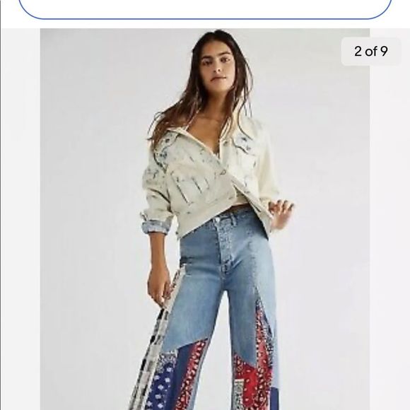 Free People Cortez Pierced Wide Leg Jean Mixed Floral Bandana Plaid Print - Picture 2 of 10